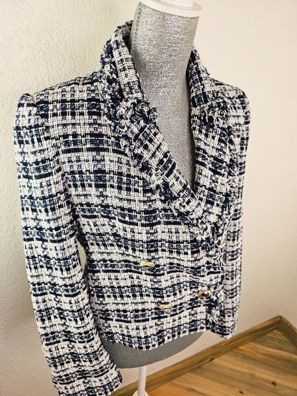 Zara Navy and White Tweed Blazer